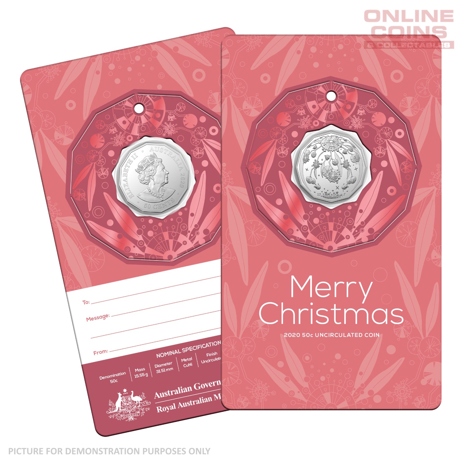 2020 50c CuNi Uncirculated Carded Coin - Christmas Decoration Red